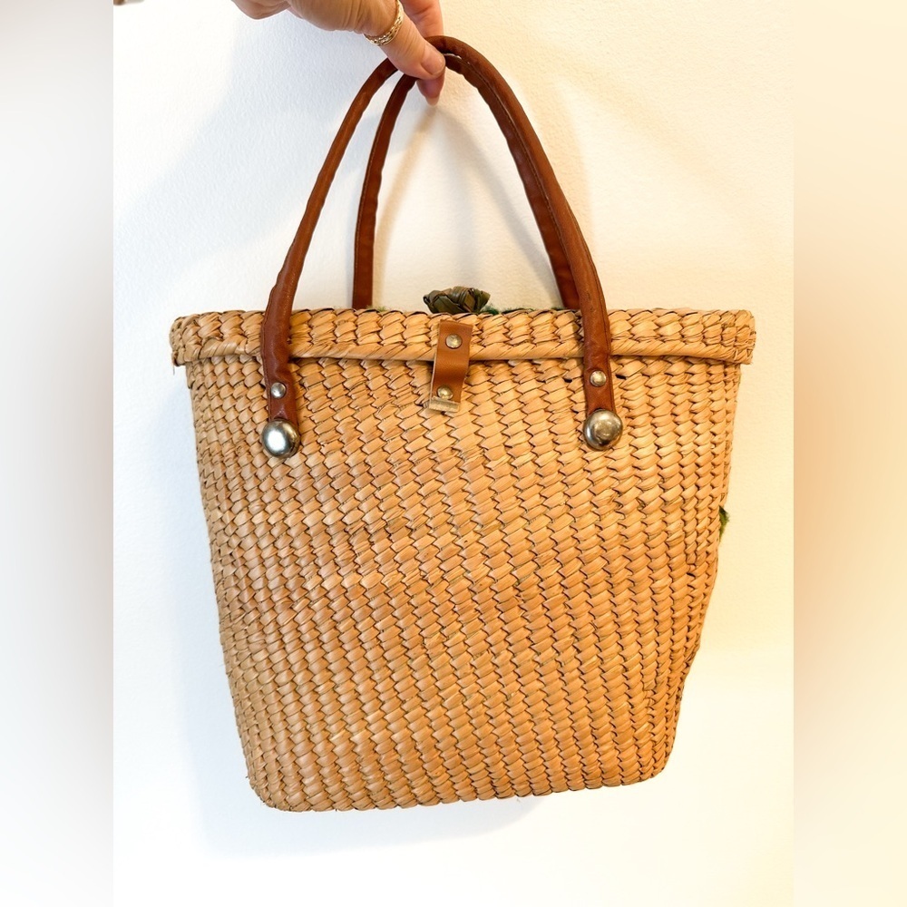 Vintage 3D Floral Wicker Basket Bag Purse Handbag Tan Green - Picture 6 of 9